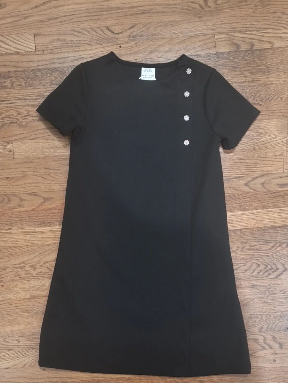 ZARA Black A-Line Girls' Dress with Floral Jewel Buttons